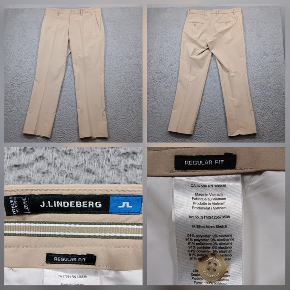 J.Lindeberg Golf Pants Mens 34x32 Tan Micro Stretch Regular Fit